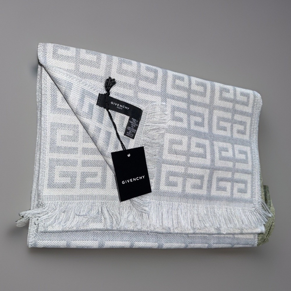 Givenchy Scarf Light Grey White Monogram Virgin Wool Blend Fringe Made in Italy - Picture 1 of 5